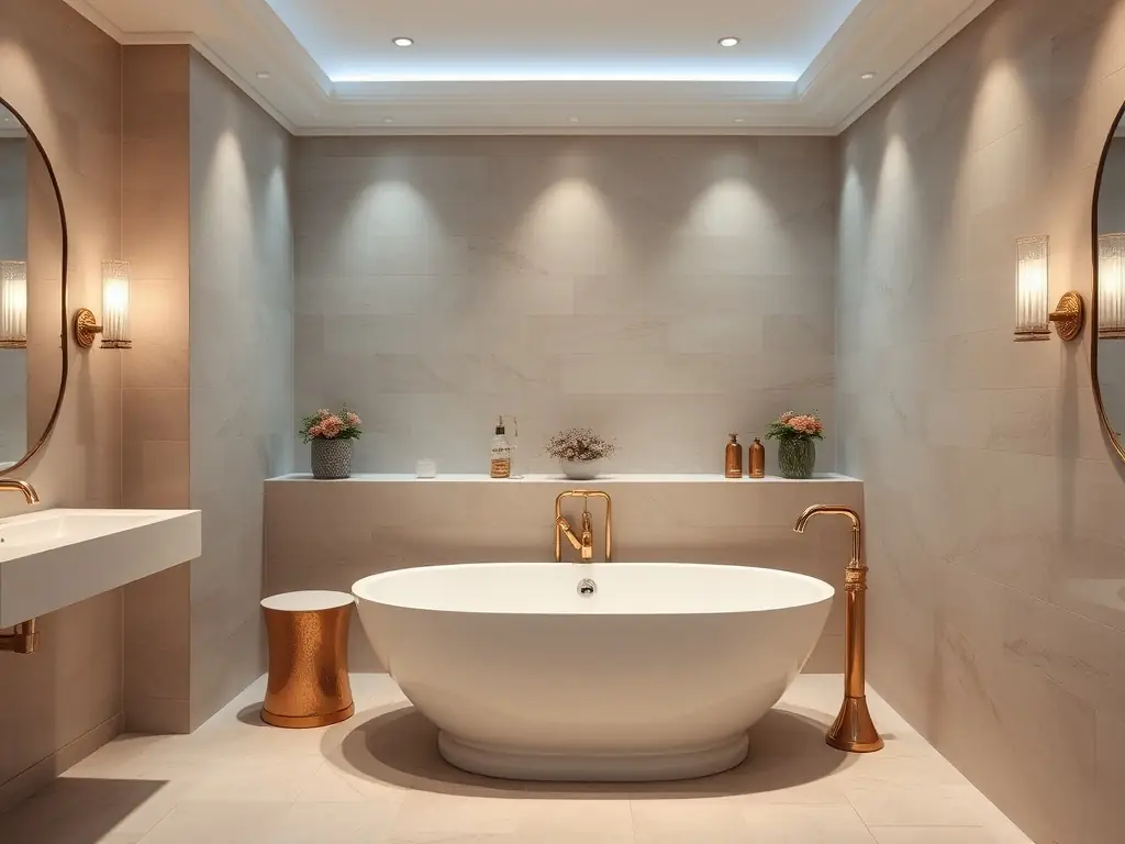 A luxurious bathroom featuring a freestanding tub, custom tile work, and elegant fixtures, reflecting Final Touch Granite's commitment to creating spa-like retreats.