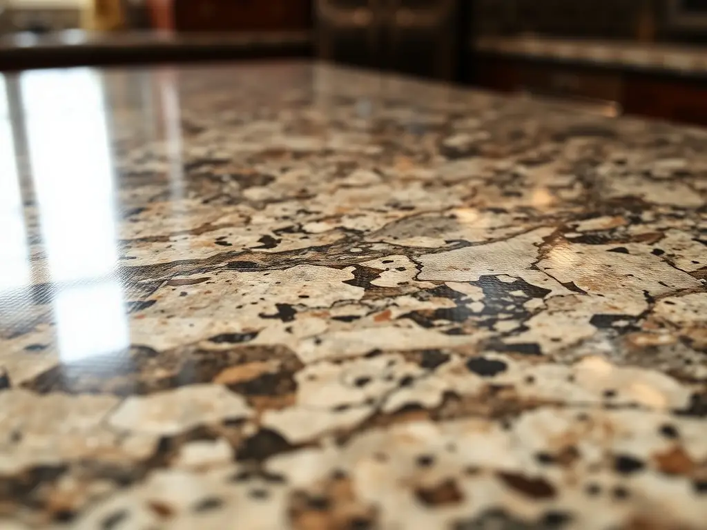 Close-up of a custom granite countertop with intricate veining and a polished finish, highlighting Final Touch Granite's selection of high-quality custom surfaces.