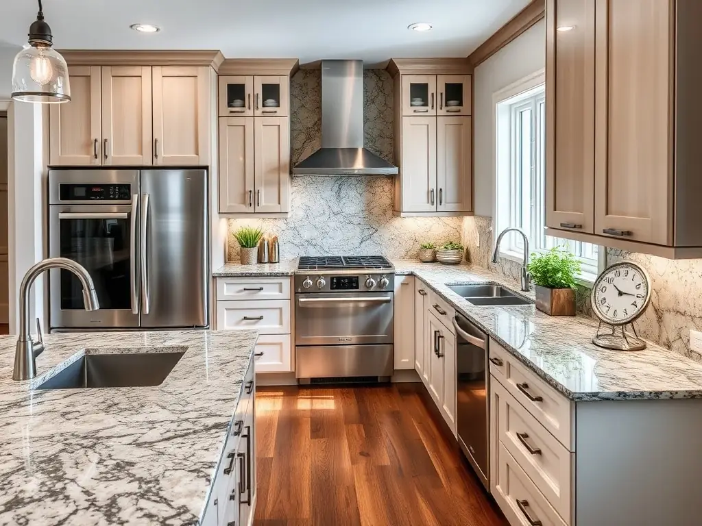 A beautifully remodeled kitchen with granite countertops, stainless steel appliances, and custom cabinetry, showcasing Final Touch Granite's expertise in kitchen renovations.